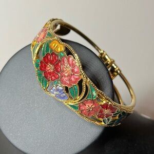 Vintage Floral Enamel Gold-tone Bracelet. Hinged. Vibrant colors
